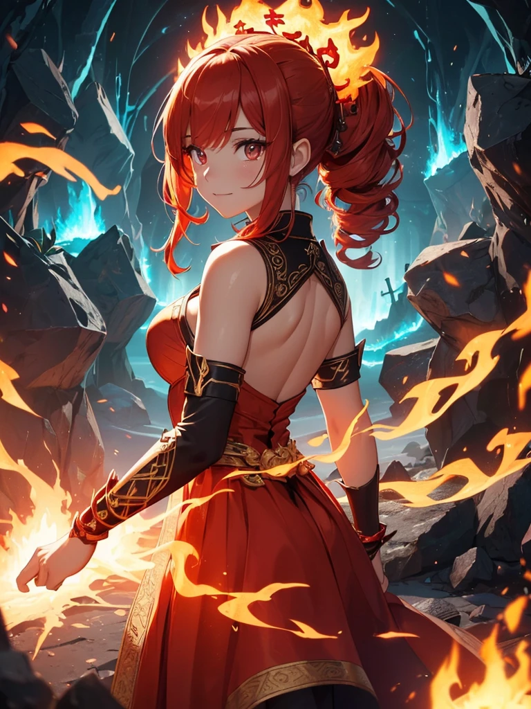 (((best quality, sharp image, clear image, cinematic lighting, 8k resolution, masterpiece, ultra detailed, intricate))) Girl, (((looking over shoulder))), shot from behind, ((half shot)), fire mage, cute, fiery red hair, pigtails in hair, (intricate dress), (white dress), ribbons in hair, smiling, fiery red, ((intricate Portal background)), ((fire magic)), candles, ((glowing runes on skin)), (flame patterns), ((fiery lotus flowers)), busy background., ((fire sigils)), (rock formations), Exploding rock, lavafalls, gauntlets, ((Red rubies)), busy background.