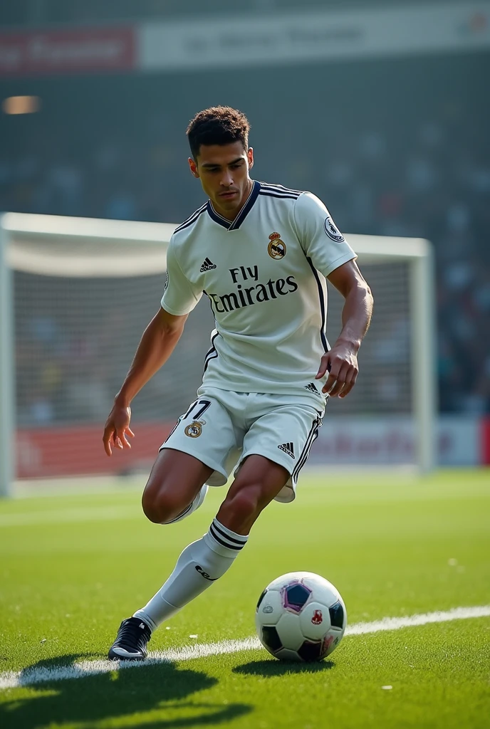 Un jeunne homme porte le maillot de real madrid anomme "TSIORY",numero 17 prêt pour frapper un penalty