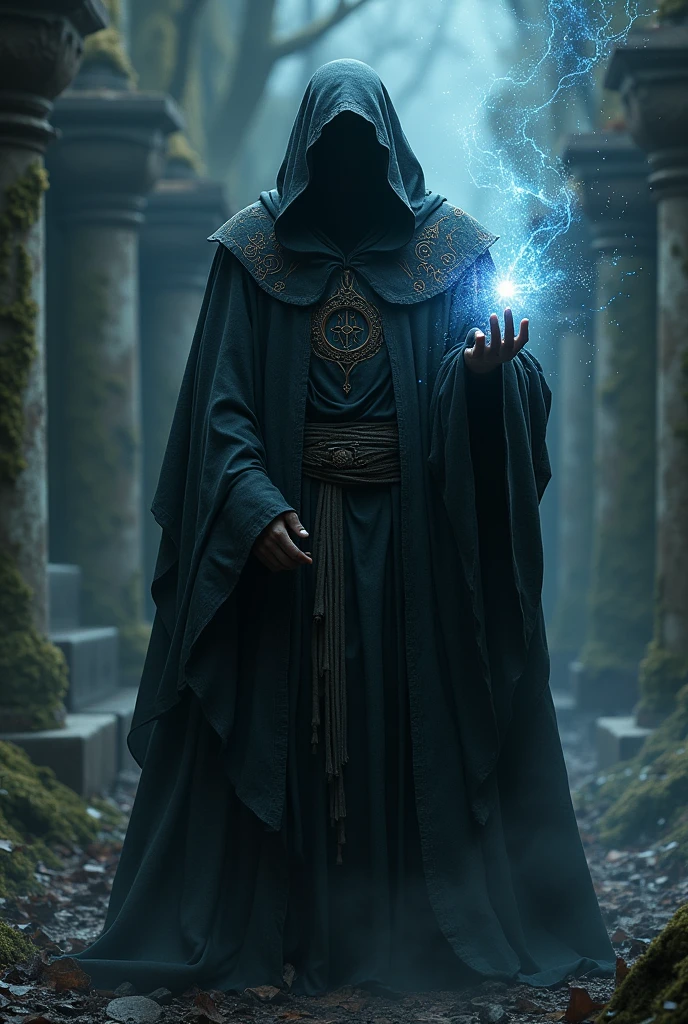 a dark fantasy man who uses arcane magic with long dark robes and a mysterious gaze 