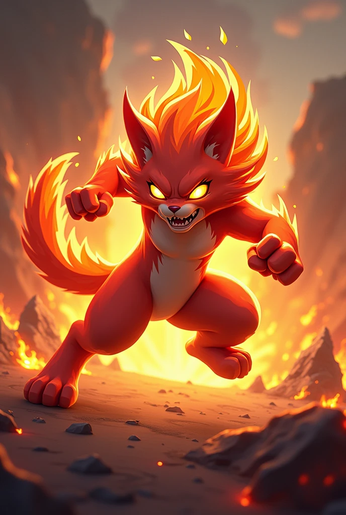 Design a 3D stylized illustration of 'Ignis,' a cat-like creature embodying the fire element. Ignis should be in an intense attack pose, with its fur resembling flowing flames. The background should feature dynamic, fiery effects with glowing embers, emphasizing its aggressive and powerful nature.
