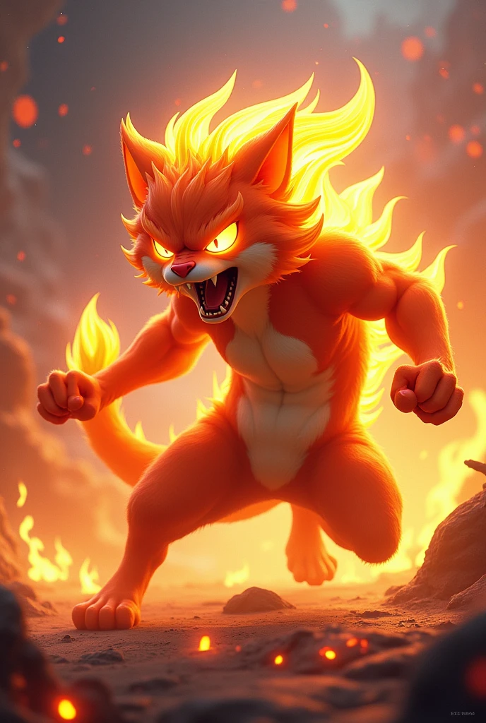 Design a 3D stylized illustration of 'Ignis,' a cat-like creature embodying the fire element. Ignis should be in an intense attack pose, with its fur resembling flowing flames. The background should feature dynamic, fiery effects with glowing embers, emphasizing its aggressive and powerful nature.