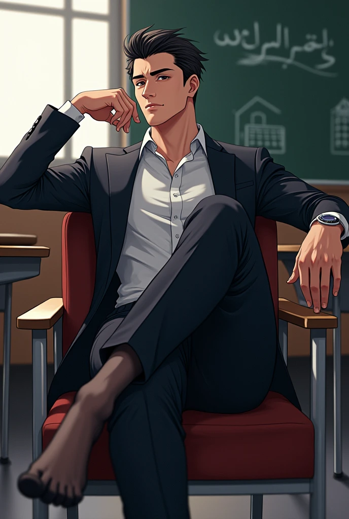 anime art: a suited masculine guy wearing black transparent sheer socks sat on a chair with his legs up on the desk insie a classroom