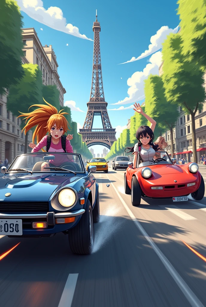 Anime girls in a car chase in Paris with Eiffel Tower in background 2D animation 
No animation errors