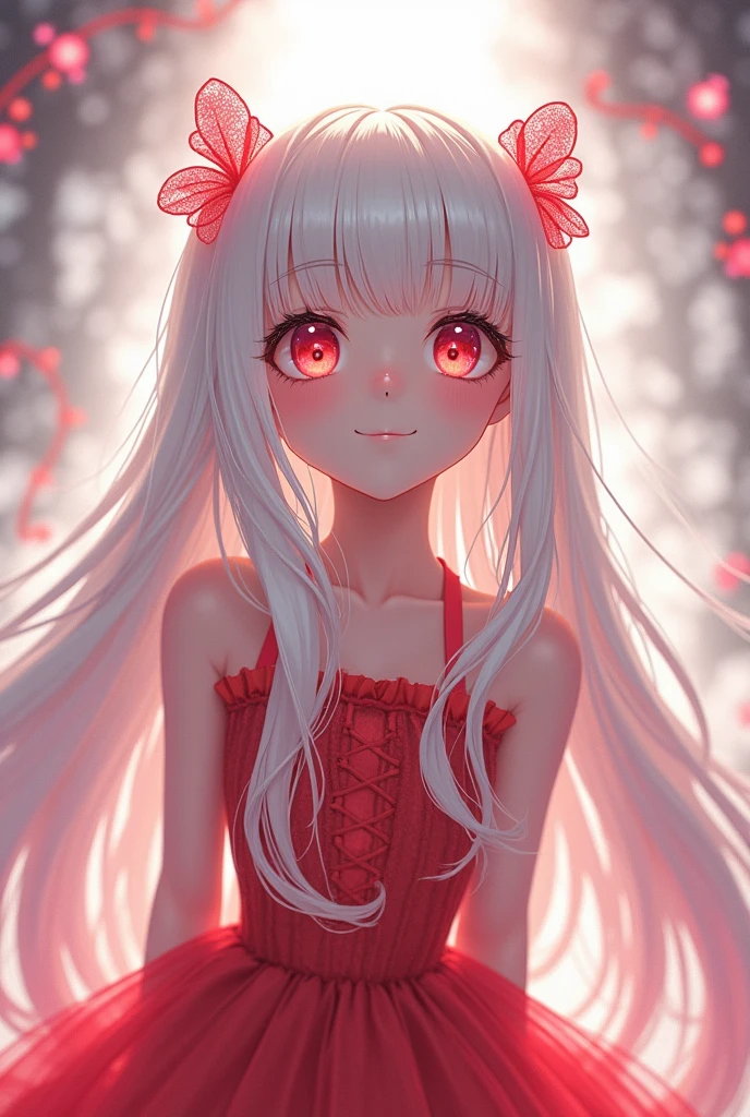 Beautiful illustrations, Highest quality, Cute , (Conversion Sequence), Transformation Magical Girl, , White Magical Girl, Fractal Art, albino, Baby F pure white red mesh hair, Beautiful and detailed red eyes, Cinema Lighting, Cowboy Shot, View your viewers, From below, Happy