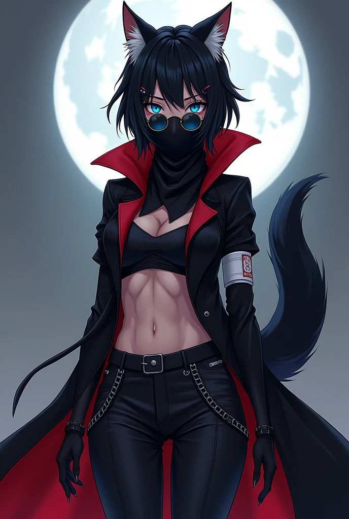 ((masterpiece, Anime)) Wolf girl, 24 years, long wolf's tail, female, Short black hair with white tips, handsome, slender, dark priest with balck and red open long coat, blue eyes, cultist, solo, one character, Long clothes. Black bandana covering the mouth and reinforced pants in colors that match the outfit. White armband, Sunglasses with round lenses on her nose. Evil smile.
