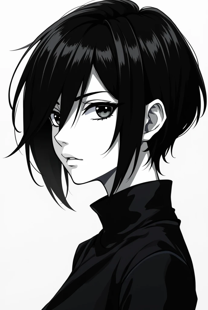 black short hair girl, black and white anime style female, white pretty tomboy wolf cut