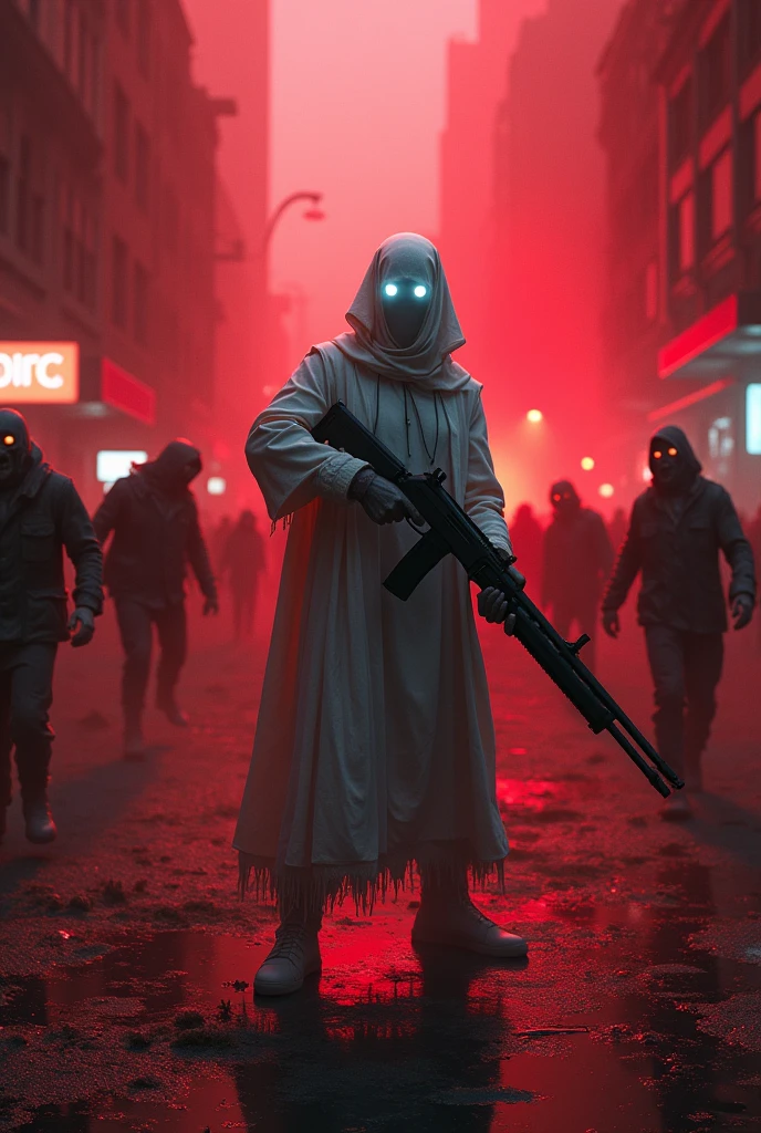 Death city zombies main character ghost and sawed off shotgun stage with a bit of red, many zombies running behind 