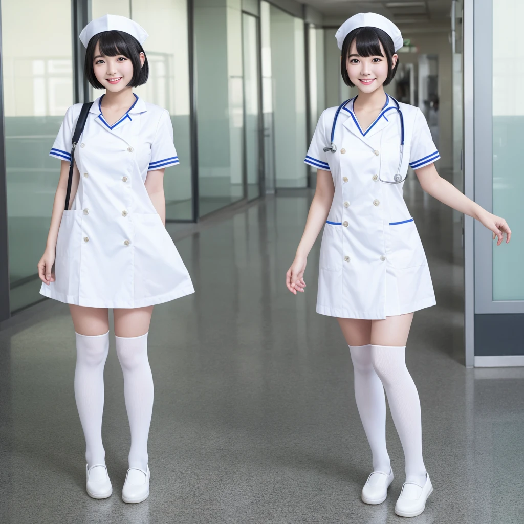 White knee-high socks、White nurse uniform、White pumps、Japanese、whole body、Black Hair、short hair、Standing posture、smile、One person、High resolution、Gaze、Anatomically correct、Highest quality、20-year-old