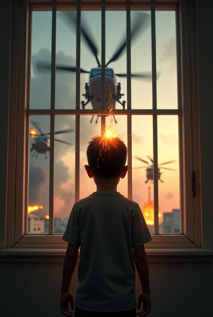 A boy is looking outside standing from his room's windows grill and an army from a helicopter shooted him with a gun and the bullet hits his head and come out from his head's backside