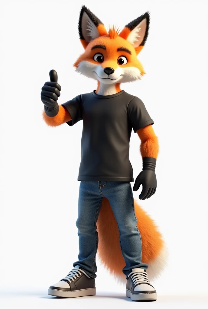 Fox man in black informal computer clothing giving thumbs up for photo in full body 3d transparent background