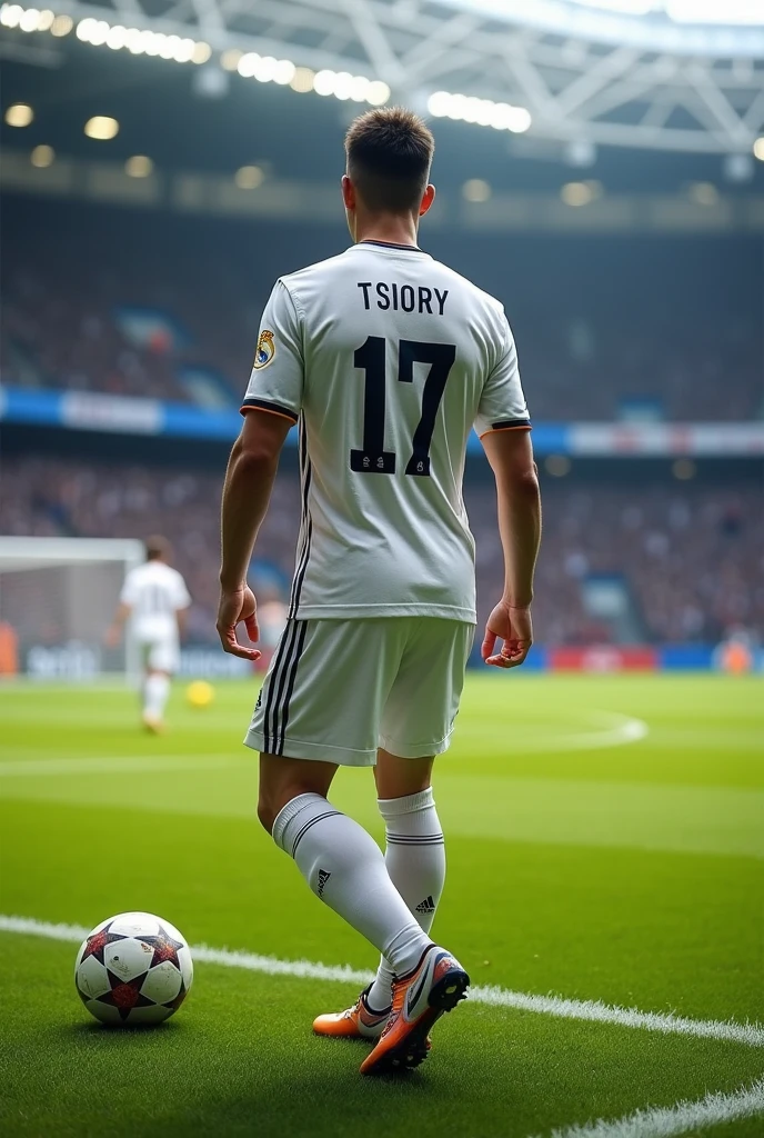 Un jeunne homme porte le maillot de real madrid anomme "TSIORY"au dos,numero 17 prêt pour frapper un penalty