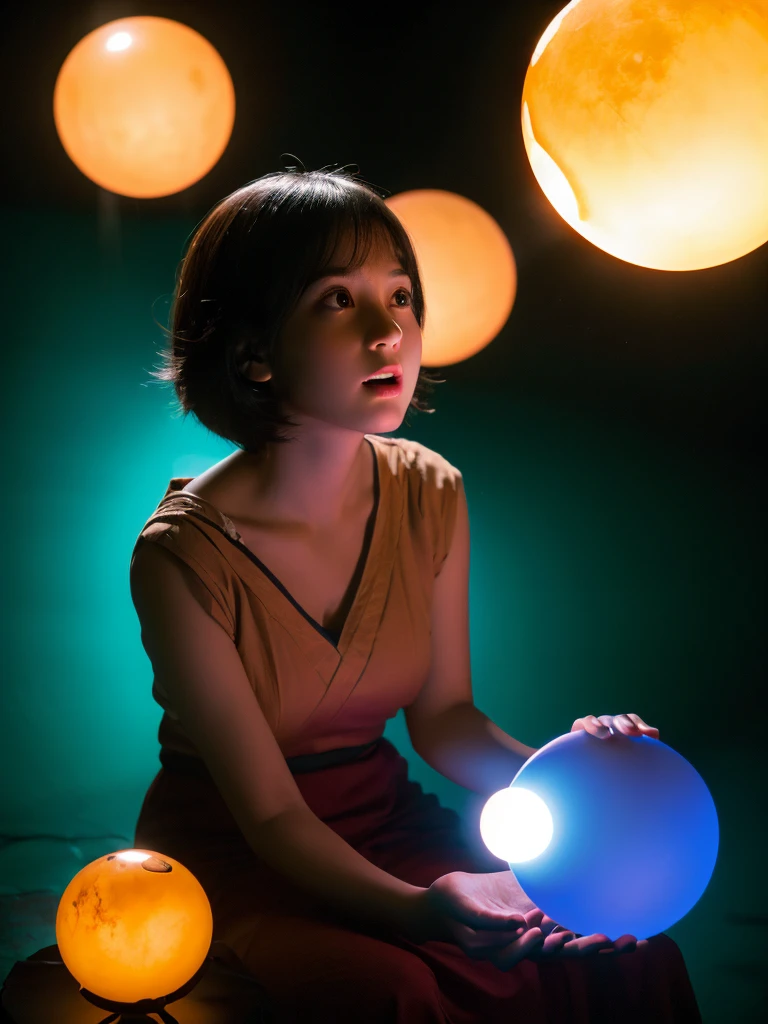 (1girl:1.2), short dark hair, white skin, mouth open and expressionless, sitting, (hands holding glowing orb:1.15), (two glowing spheres orbiting around her:1.1), high quality, 4k, photorealistic, intricate details, cinematic lighting, vibrant colors