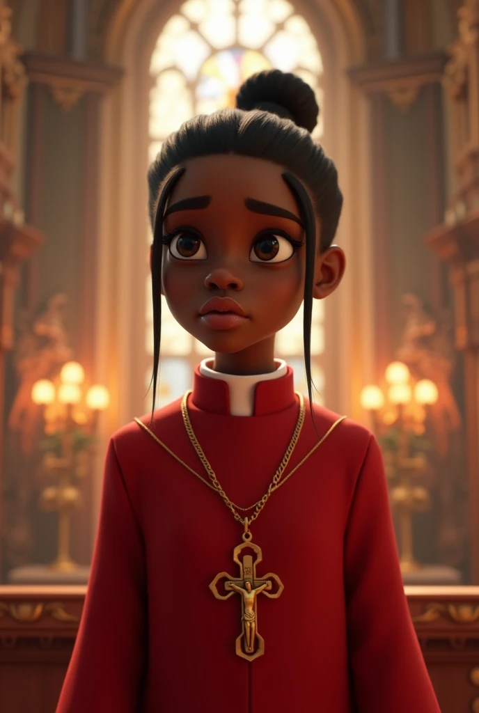 Pixar-inspired 3D poster of a young black woman with straight hair tied in a bun, wearing a red acolyte's robe,with crucifix around his neck, inside a church