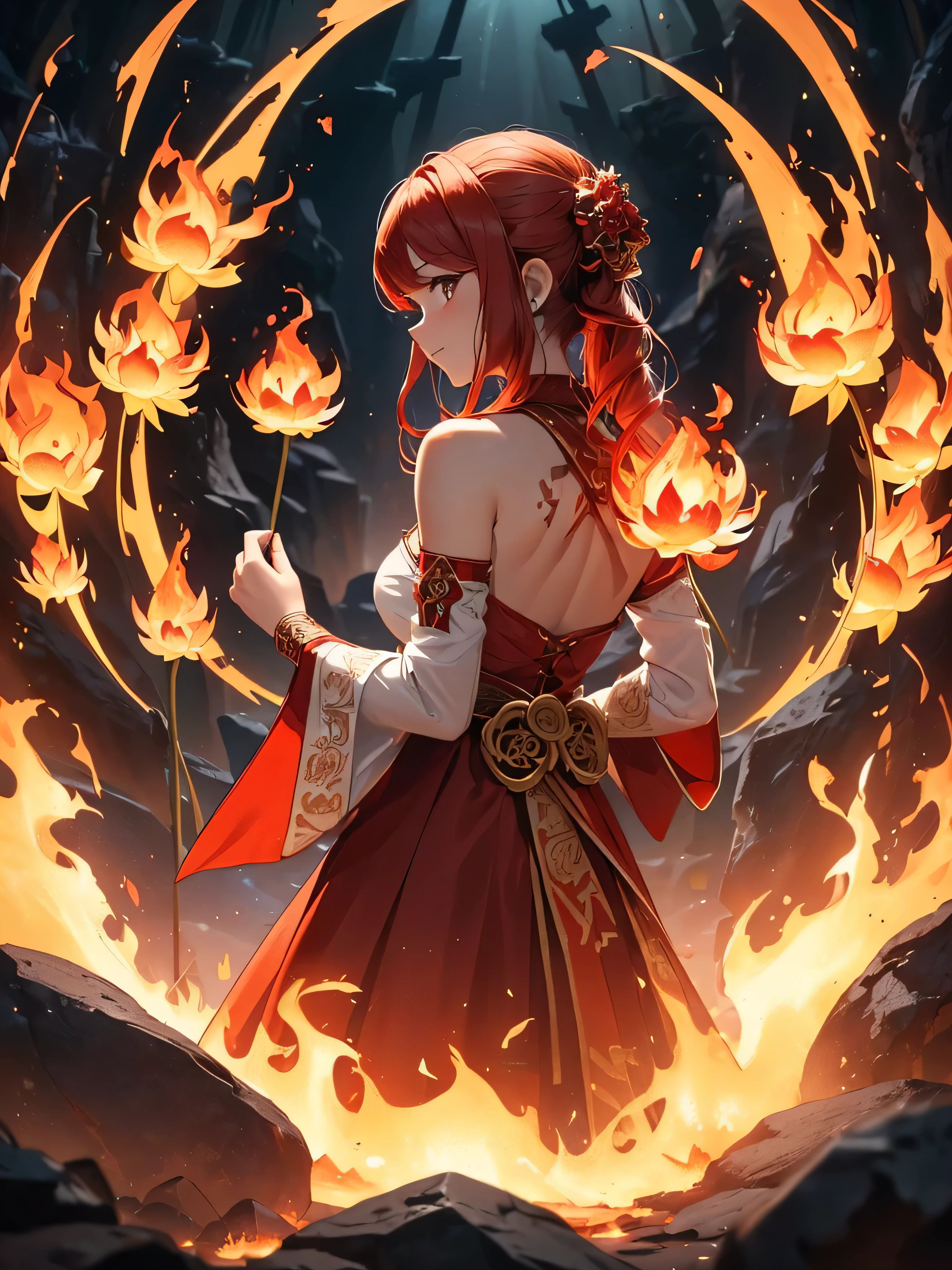 (((best quality, sharp image, clear image, cinematic lighting, 8k resolution, masterpiece, ultra detailed, intricate))) Girl, (((looking over shoulder))), shot from behind, ((half shot)), fire mage, cute, fiery red hair, pigtails in hair, (intricate dress), (white dress), ribbons in hair, smiling, fiery red, ((intricate Portal background)), ((fire magic)), candles, ((glowing runes on skin)), (flame patterns), ((fiery lotus flowers)), busy background., ((fire sigils)), (rock formations), Exploding rock, lavafalls, gauntlets, ((Red rubies)), busy background.