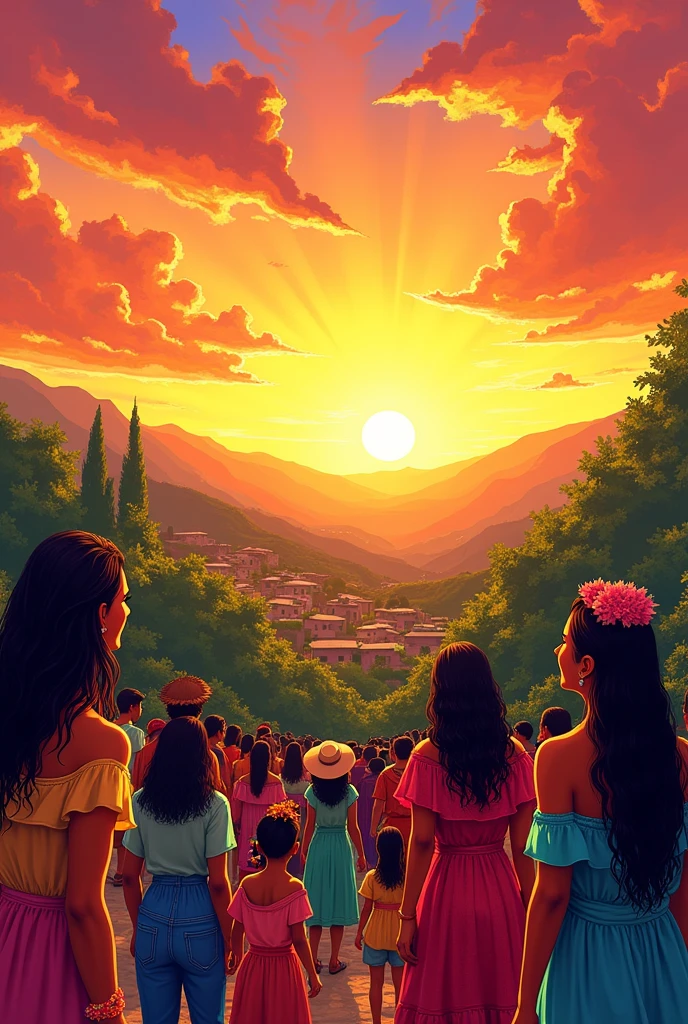 Can you create an Illustration focusing on the sunset?, Capturing the warm glow of the setting sun and the vibrant colors that characterize EL SALVADOR, emphasizing the joy and energy and people of Salvadoran culture