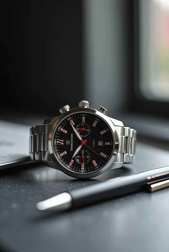 a close up of a watch on a table with a pen, silver sports watch, background focus, detailed image, minimalist, crisp details, medium close-up shot, highly realistic”, high quality], slide show, white gold black, high quality image, silver white red details, detailed high resolution, glossy white, close medium shot, medium shot portrait, unique styles
