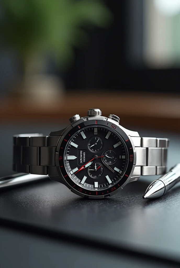 a close up of a watch on a table with a pen, silver sports watch, background focus, detailed image, minimalist, crisp details, medium close-up shot, highly realistic”, high quality], slide show, white gold black, high quality image, silver white red details, detailed high resolution, glossy white, close medium shot, medium shot portrait, unique styles
