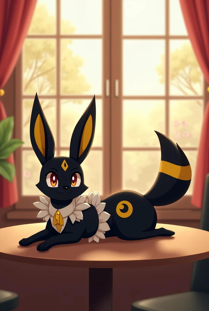 cafe, window, curtains, cushion, summer, day, available_light，((((the maid outfit，Role-playing set)))) 
((umbreon)), [[black_body, yellow_circle_tattoo, black_fur, markings, ear_markings]], non-humans, no-hair
(((quadruped, feral, canid, canine))), hind_limbs, (pink_pawpads:1.2), (animal_legs, animal_hand:1.2)
solo, looking_at_viewer
(on_front), lying
rear_view
best_quality, hi_res, masterpiece, absurd_res
Highly_detailed, 4k, high_detail, detailed_background
uploaded_on_e621, (by_Hioshiru:1.2), (by_Ancesra:0.6), (by_Kekitopu:0.6), (by_kikunyi:0.6), (by_Syuro:1.2), (by_Doxy:0.6), (by_youjomodoki:0.6), by_dacad, (by_reysi:1.2), by_zinfyu, by_pata, by_chunie, by_dr.bubblebum