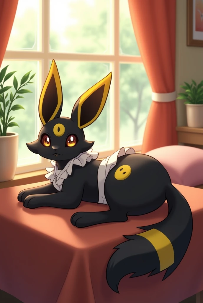 cafe, window, curtains, cushion, summer, day, available_light，((((the maid outfit，Role-playing set)))) 
((umbreon)), [[black_body, yellow_circle_tattoo, black_fur, markings, ear_markings]], non-humans, no-hair
(((quadruped, feral, canid, canine))), hind_limbs, (pink_pawpads:1.2), (animal_legs, animal_hand:1.2)
solo, looking_at_viewer
(on_front), lying
rear_view
best_quality, hi_res, masterpiece, absurd_res
Highly_detailed, 4k, high_detail, detailed_background
uploaded_on_e621, (by_Hioshiru:1.2), (by_Ancesra:0.6), (by_Kekitopu:0.6), (by_kikunyi:0.6), (by_Syuro:1.2), (by_Doxy:0.6), (by_youjomodoki:0.6), by_dacad, (by_reysi:1.2), by_zinfyu, by_pata, by_chunie, by_dr.bubblebum penis balls