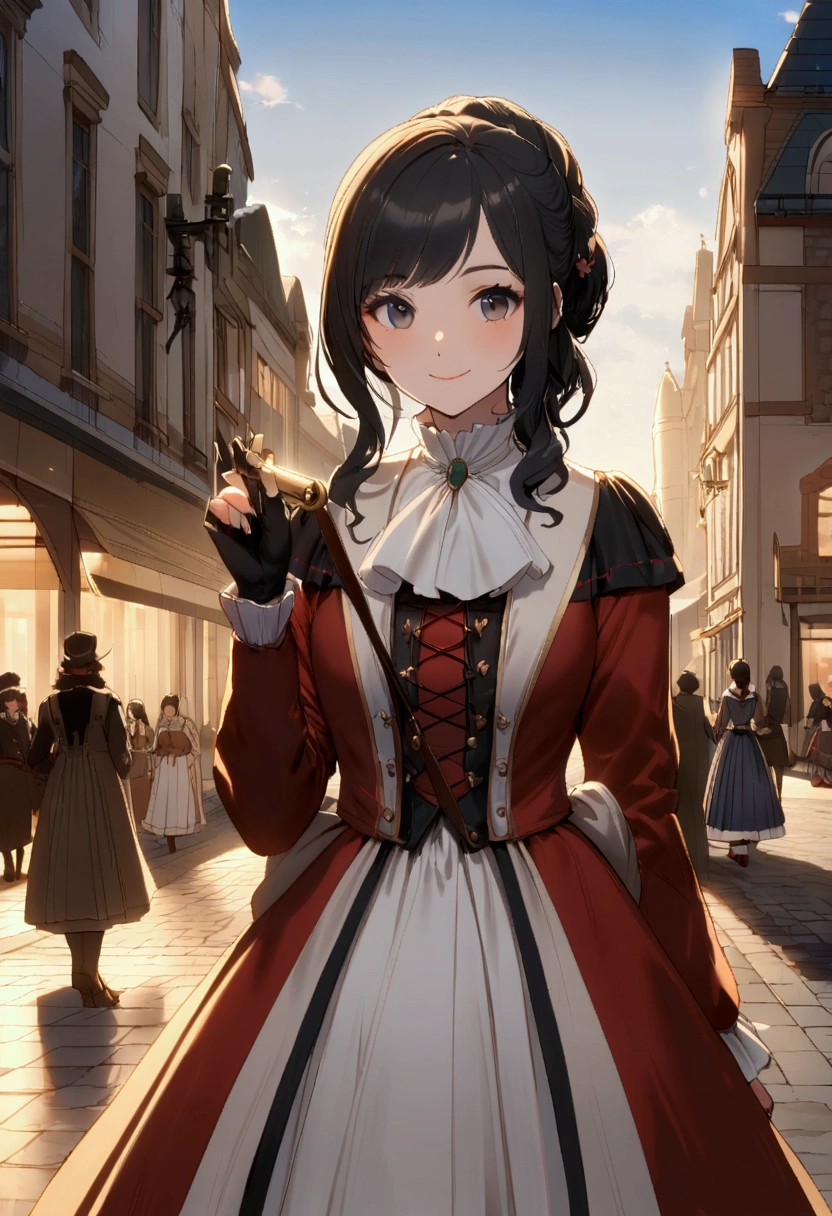 (morning), 1 Girl, solo, Looking at the audience, winter, Cowboy shooting, (city center), Cowboy shooting, Smile, Black Hair，18th century Swedish girl，Armed Girl，Girl with a matchlock gun，