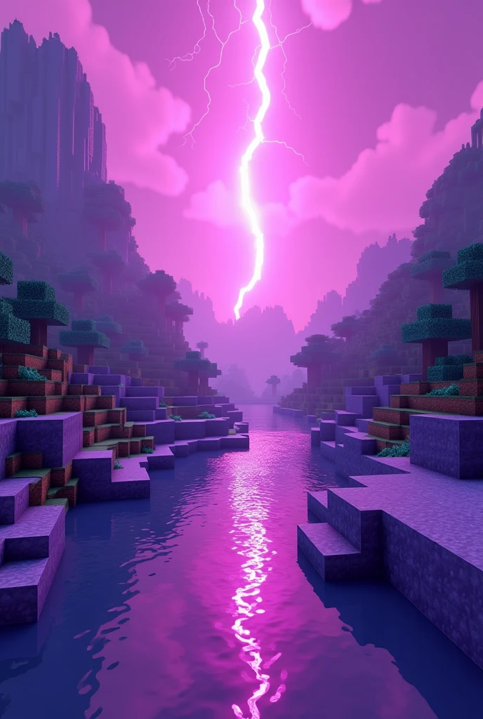 purple and black minecraft art of a purple landscape with a river, high quality arte voxel, minecraft landscape, game aesthetics, voxel based world, High quality detailed 8k artwork, neon landscape, still video game, shaders, background art, arte voxel, beautiful environment, magicalvoxel, beautiful and cinematic lighting, aesthetics!, science fiction underworld, bright purple crack in the sky, still art from Minecraft