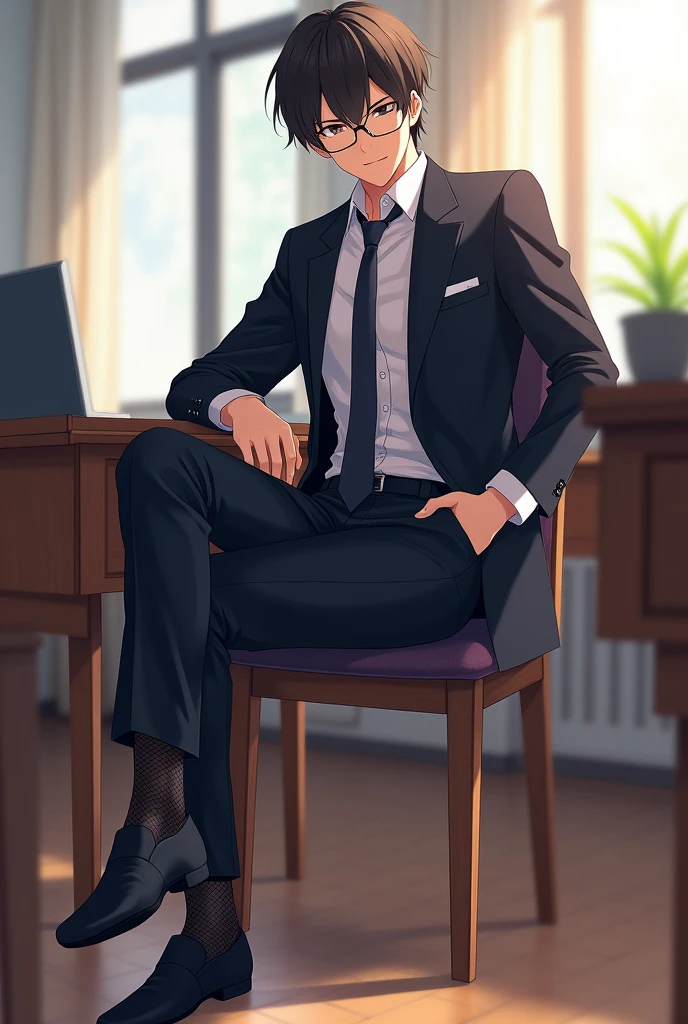 anime art: a suited masculine guy wearing black transparent sheer socks sat on a chair with his legs up on the desk insie a classroom