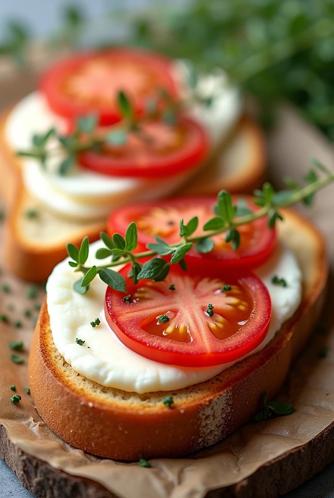 white cheese, tomato, oregano on french bread