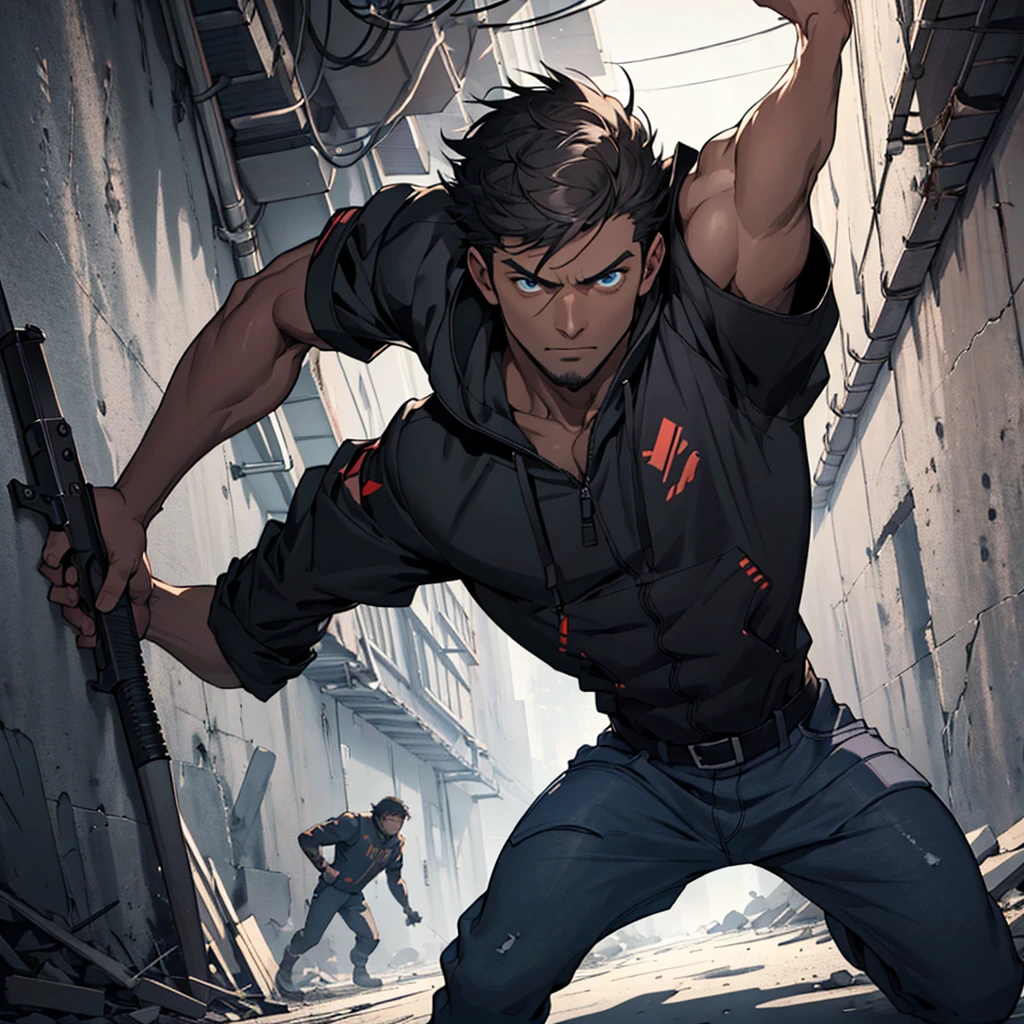 "Create a photorealistic illustration of a dark-skinned man in a dangerous situation in an underground location.
The man has strong, angular features, with tanned skin and short dark hair. His blue eyes convey an expression of alert and concern. His body is muscular and athletic, and he firmly holds a firearm with firm, ready hands. In addition to wearing dark clothes.
He is in a dark, underground environment, possibly a tunnel. Stone or concrete walls create a feeling of confinement and isolation. The lighting is dim and shadowy, casting unsettling shadows across the character's tense face.
The composition of the scene should create a feeling of imminent danger, with the character in an alert position, ready to react to an unknown threat. The lighting and color palette should convey an oppressive and threatening atmosphere, accentuating the tension of the situation.
Through facial expression, body posture and hostile environment, the illustration must convey a sense of vulnerability, adrenaline and the urgent need for survival. Realistic details, such as the texture of the weapons and the determined expression of the character, should reinforce the authenticity of the scene."