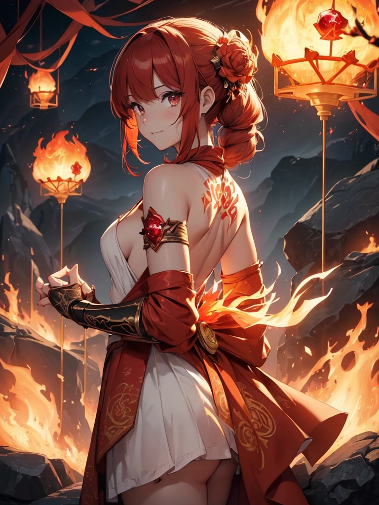 (((best quality, sharp image, clear image, cinematic lighting, 8k resolution, masterpiece, ultra detailed, intricate))) Girl, (((looking over shoulder))), shot from behind, ((half shot)), fire mage, cute, fiery red hair, pigtails in hair, (intricate dress), (white dress), ribbons in hair, smiling, fiery red, ((intricate Portal background)), ((fire magic)), candles, ((glowing runes on skin)), (flame patterns), ((fiery lotus flowers)), busy background., ((fire sigils)), (rock formations), Exploding rock, lavafalls, gauntlets, ((Red rubies)), busy background.