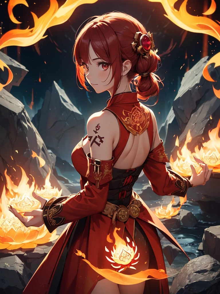 (((best quality, sharp image, clear image, cinematic lighting, 8k resolution, masterpiece, ultra detailed, intricate))) Girl, (((looking over shoulder))), shot from behind, ((half shot)), fire mage, cute, fiery red hair, pigtails in hair, (intricate dress), (white dress), ribbons in hair, smiling, fiery red, ((intricate Portal background)), ((fire magic)), candles, ((glowing runes on skin)), (flame patterns), ((fiery lotus flowers)), busy background., ((fire sigils)), (rock formations), Exploding rock, lavafalls, gauntlets, ((Red rubies)), busy background.
