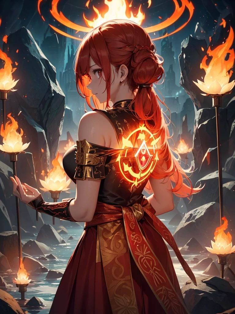 (((best quality, sharp image, clear image, cinematic lighting, 8k resolution, masterpiece, ultra detailed, intricate))) Girl, (((looking over shoulder))), shot from behind, ((half shot)), fire mage, cute, fiery red hair, pigtails in hair, (intricate dress), (white dress), ribbons in hair, smiling, fiery red, ((intricate Portal background)), ((fire magic)), candles, ((glowing runes on skin)), (flame patterns), ((fiery lotus flowers)), busy background., ((fire sigils)), (rock formations), Exploding rock, lavafalls, gauntlets, ((Red rubies)), busy background.