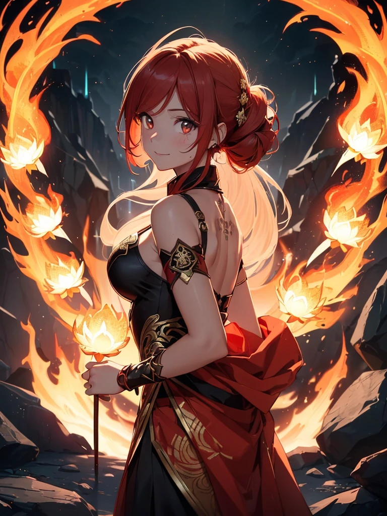 (((best quality, sharp image, clear image, cinematic lighting, 8k resolution, masterpiece, ultra detailed, intricate))) Girl, (((looking over shoulder))), shot from behind, ((half shot)), fire mage, cute, fiery red hair, pigtails in hair, (intricate dress), (white dress), ribbons in hair, smiling, fiery red, ((intricate Portal background)), ((fire magic)), candles, ((glowing runes on skin)), (flame patterns), ((fiery lotus flowers)), busy background., ((fire sigils)), (rock formations), Exploding rock, lavafalls, gauntlets, ((Red rubies)), busy background.