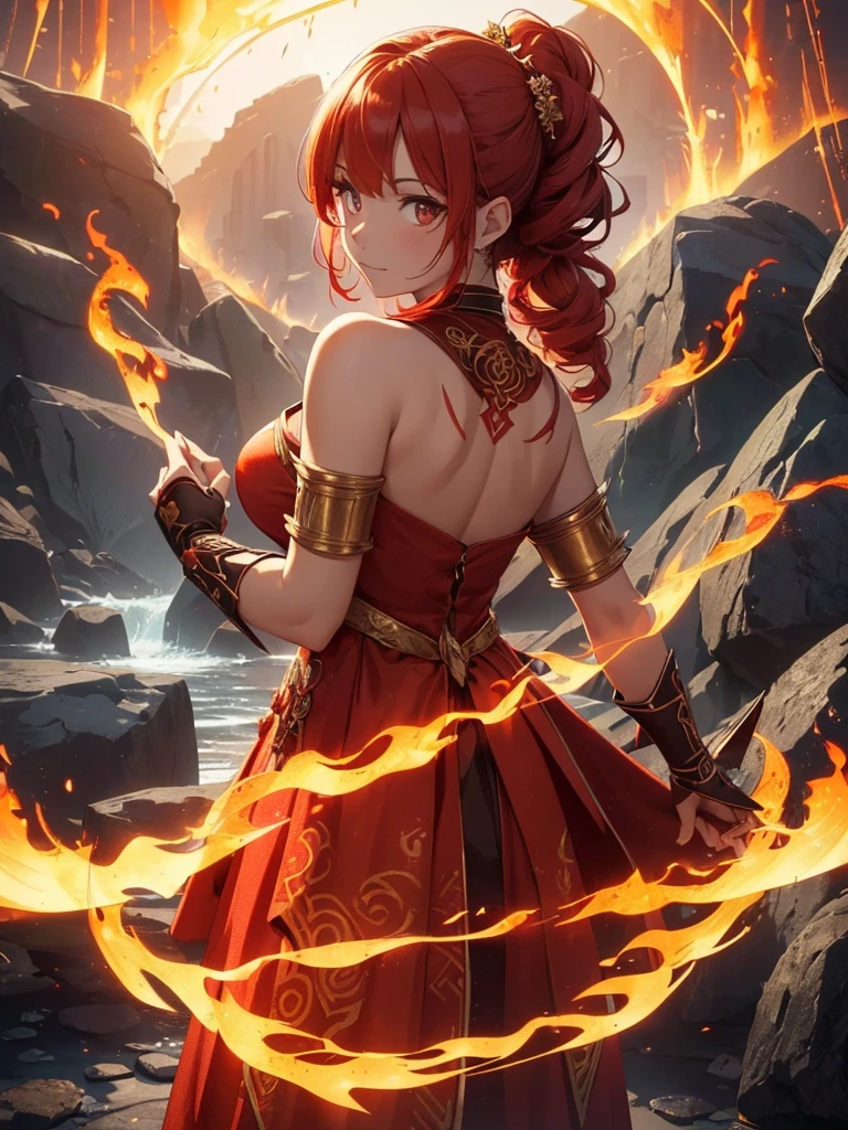 (((best quality, sharp image, clear image, cinematic lighting, 8k resolution, masterpiece, ultra detailed, intricate))) Girl, (((looking over shoulder))), shot from behind, ((half shot)), fire mage, cute, fiery red hair, pigtails in hair, (intricate dress), (white dress), ribbons in hair, smiling, fiery red, ((intricate Portal background)), ((fire magic)), candles, ((glowing runes on skin)), (flame patterns), ((fiery lotus flowers)), busy background., ((fire sigils)), (rock formations), Exploding rock, lavafalls, gauntlets, ((Red rubies)), busy background.