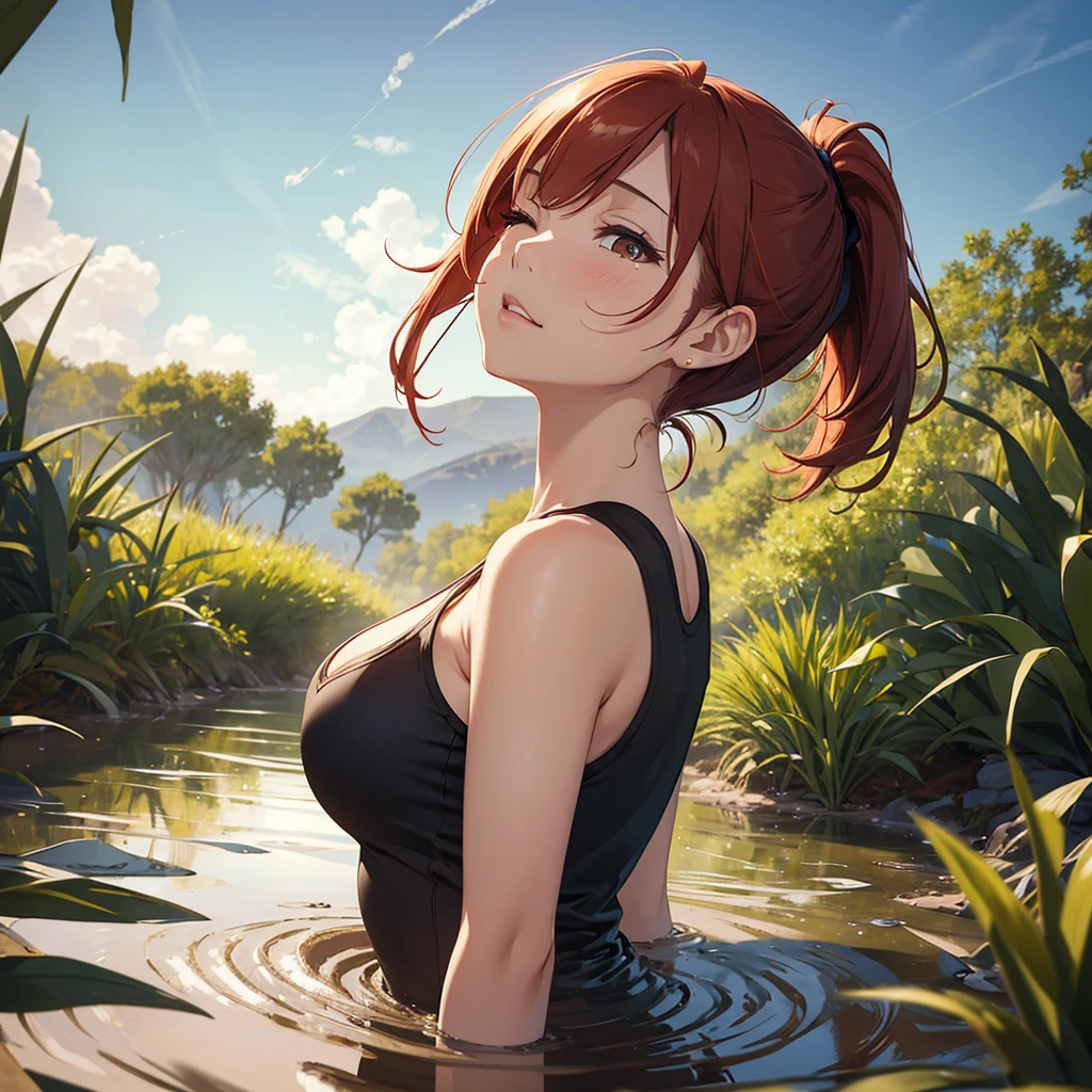 1girl, solo:1.5, masterpiece, best quality, high res, highly detailed, (illustration), beautiful detailed eyes, yuigahama yui, red hair ponytail, glossy lips, light makeup, orgasm, (looking up to the sky:1.5), intimate moment, green tank top, cleavage, (quicksand:1.4), (from side:1.4), bog, swampy, grassy, (eyes closed:1.3), gasping