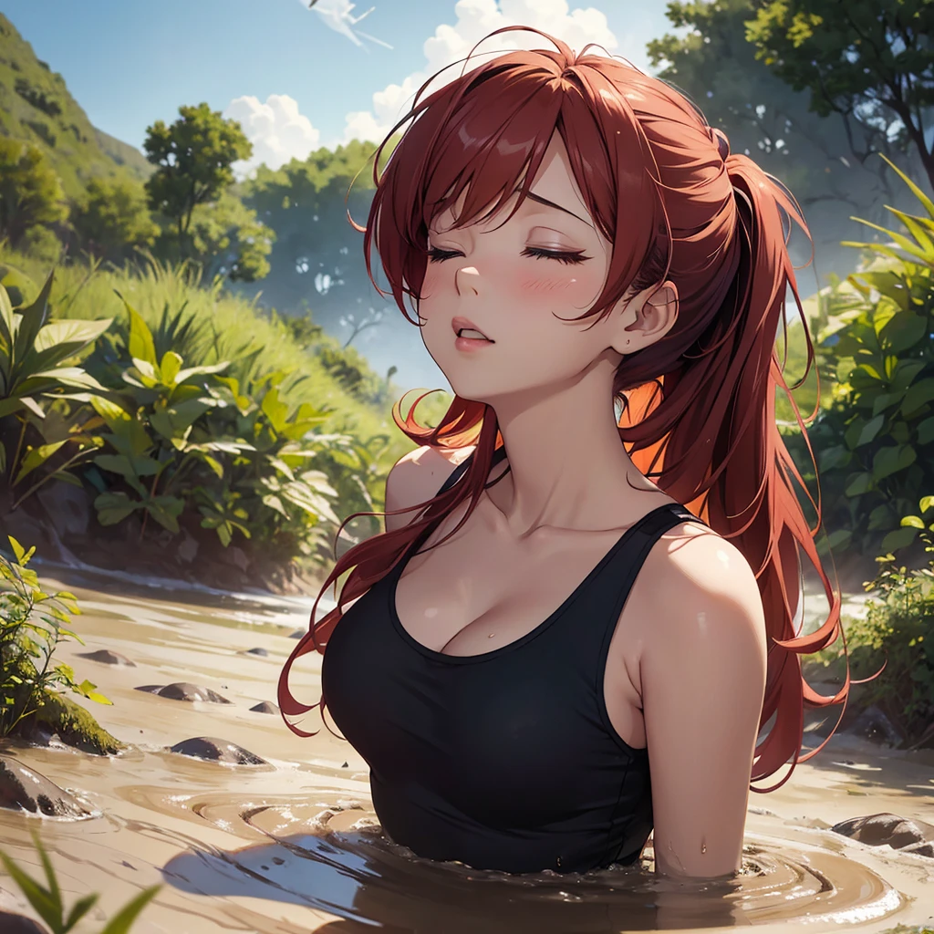 1girl, solo:1.5, masterpiece, best quality, high res, highly detailed, (illustration), beautiful detailed eyes, yuigahama yui, red hair ponytail, glossy lips, light makeup, orgasm, (looking up to the sky:1.5), intimate moment, green tank top, cleavage, (quicksand:1.4), (from side:1.4), bog, swampy, grassy, (eyes closed:1.3), gasping