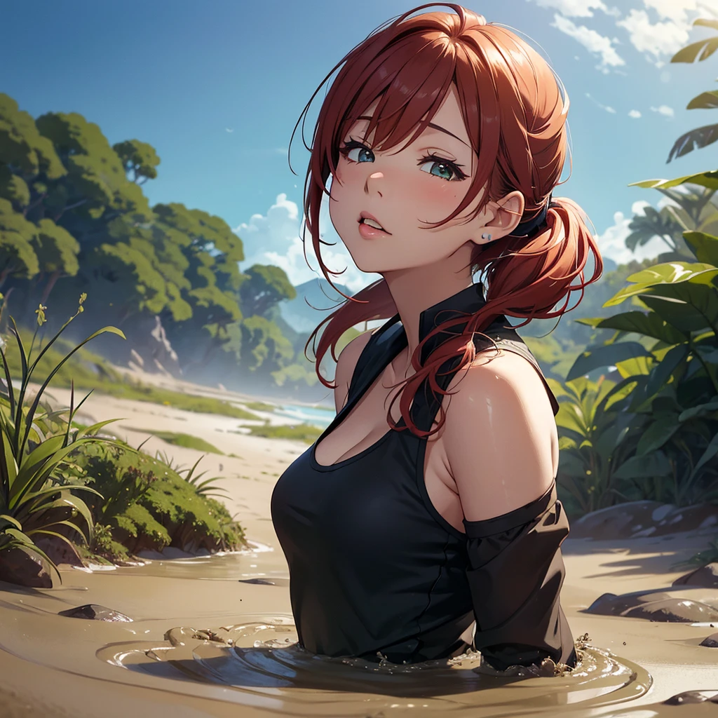 1girl, solo:1.5, masterpiece, best quality, high res, highly detailed, (illustration), beautiful detailed eyes, yuigahama yui, red hair ponytail, glossy lips, light makeup, orgasm, (looking up to the sky:1.5), intimate moment, green tank top, cleavage, (quicksand:1.4), (from side:1.4), bog, swampy, grassy, (eyes closed:1.3), gasping