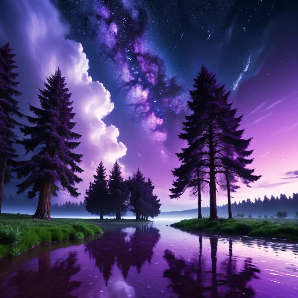 Night sky, giant clouds reflecting moonlight, many stars, purple galaxies, heavy rain, small river reflected in the purple color of the sky, on the sides giant cedar trees like a professional movie scene, high definition, realistic