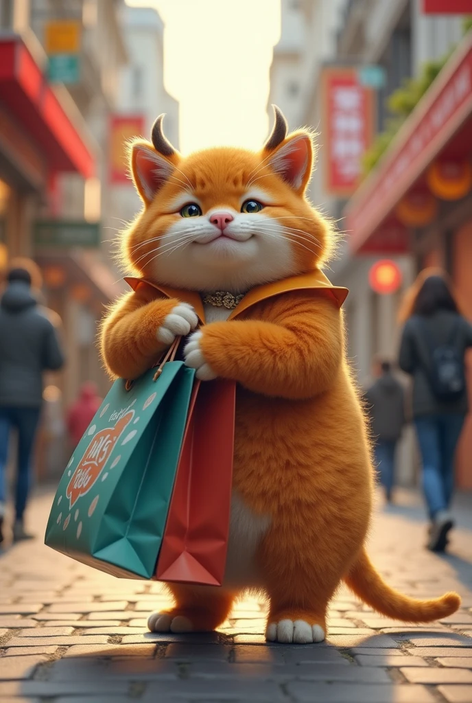 Cat hugging a shopping bag in a city of the future。walking in street 。Three Times Ox。Real。spirited。