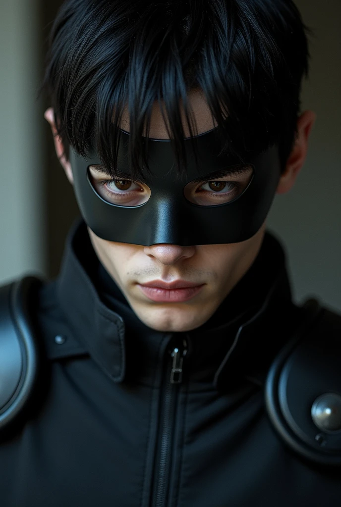 young man. porcelain skin. hair black as night. thick eyebrows. looking down. a leather mask covers his mouth. black armor. Short hair.