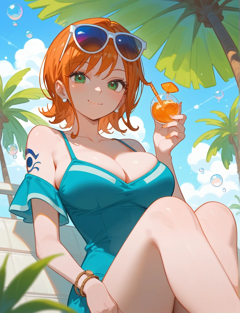 (from below:0.7), score_9_up,score_8_up, nami,1girl, solo, green eyes, orange hair, short hair,  ((blush)), closed mouth, smile, big breast, pose, ((sitting )), (thin girl:1.2), (bubbles), ((entertainment park)), sunglasses, a glass with a straw