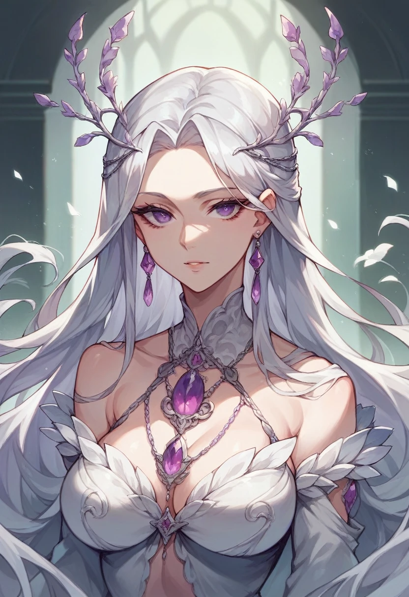 very tall woman, beautiful, violet eyes, long silver hair 