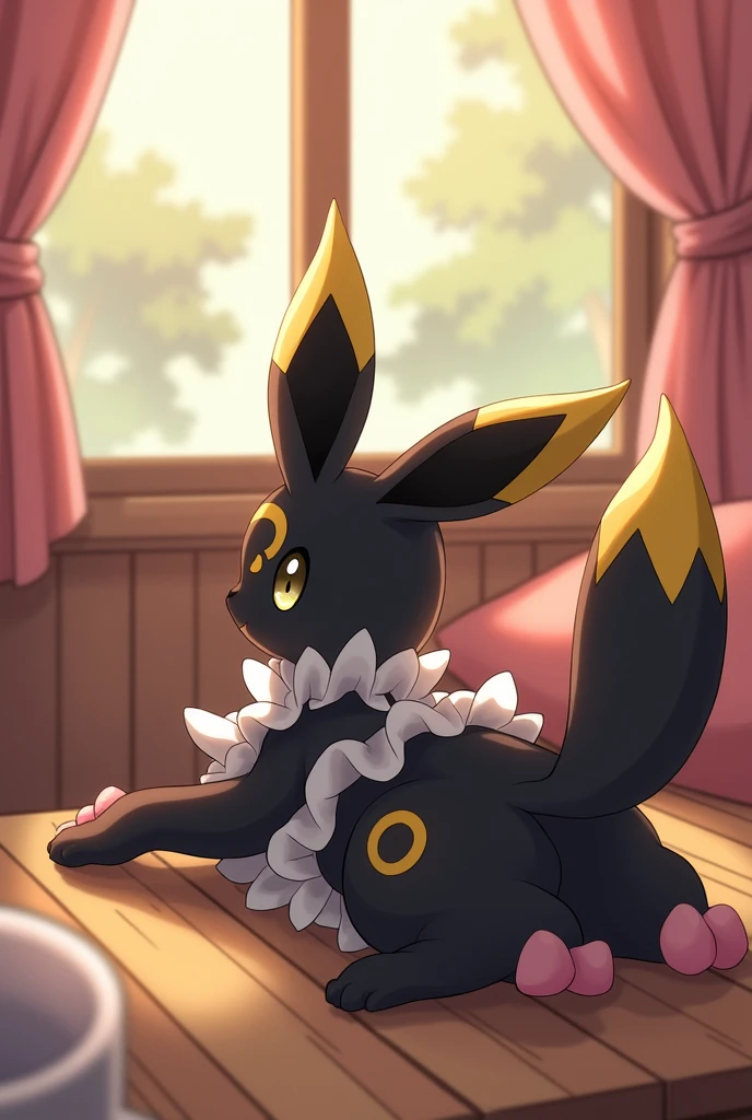 cafe, window, curtains, cushion, summer, day, available_light，((((the maid outfit，Role-playing set)))) 
((umbreon)), [[black_body, yellow_circle_tattoo, black_fur, markings, ear_markings]], non-humans, no-hair
(((quadruped, feral, canid, canine))), hind_limbs, (pink_pawpads:1.2), (animal_legs, animal_hand:1.2)
solo, looking_at_viewer
(on_front), lying
rear_view
best_quality, hi_res, masterpiece, absurd_res
Highly_detailed, 4k, high_detail, detailed_background
uploaded_on_e621, (by_Hioshiru:1.2), (by_Ancesra:0.6), (by_Kekitopu:0.6), (by_kikunyi:0.6), (by_Syuro:1.2), (by_Doxy:0.6), (by_youjomodoki:0.6), by_dacad, (by_reysi:1.2), by_zinfyu, by_pata, by_chunie, by_dr.bubblebum penis balls