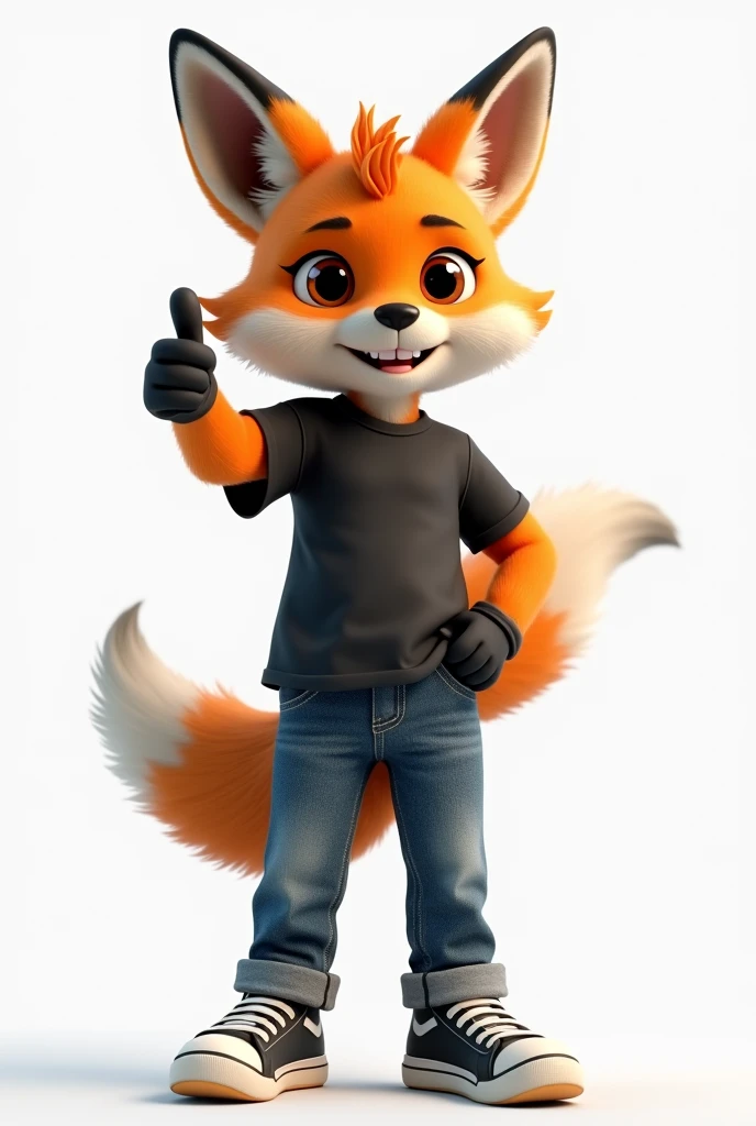 Fox  in black informal computer clothing giving thumbs up for photo in full body 3d transparent background s