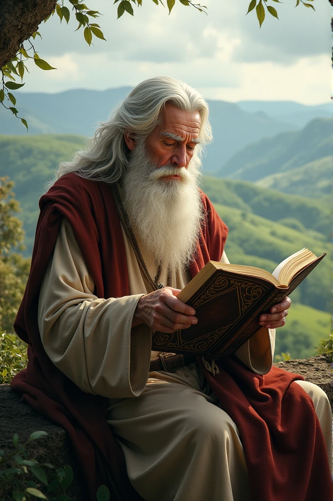 Create a picture of an old man reading a story from a book he should have long white hair and a long white beard. He should look serious and at the same time radiate a kind of friendliness. The image should be large and extend over a landscape format