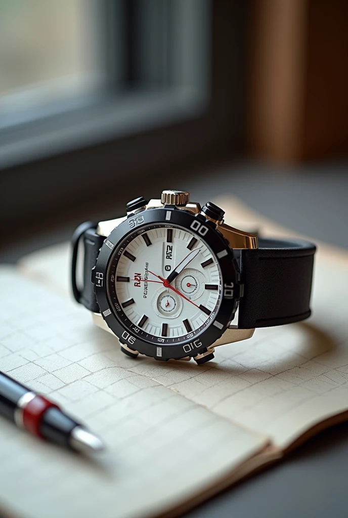 a close up of a watch on a table with a pen, a stock photo by Luis Miranda, reddit, baroque, silver sports watch, background focus, detailed image, minimalist, crisp details, medium close-up shot, highly realistic”, high quality], slide show, white gold black, high quality image, silver white red details, detailed high resolution, glossy white