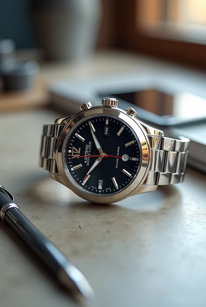 a close up of a watch on a table with a pen, a stock photo by Luis Miranda, reddit, baroque, silver sports watch, background focus, detailed image, minimalist, crisp details, medium close-up shot, highly realistic”, high quality], slide show, white gold black, high quality image, silver white red details, detailed high resolution, glossy white