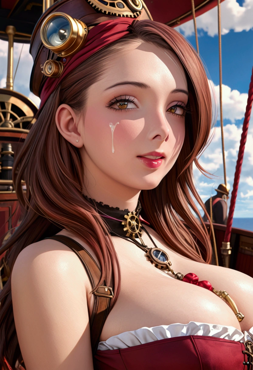 nice woman, sky pirate,cum on face, naked tits, one bunch of hair, on open air, seductive smile. Looking at the viewer, holds penis in hand takes it in mouth. red themed steampunk airship, crew, Best quality, 4K, 8 K, a high resolution, masterpiece:1.2, ultra detailed, realistic, photorealistic, photo-realistic:1.37, HDR, uhd, studio lighting, ultra fine painting, Sharp Focus, physically based rendering, very detailed description, professional, bright colors, hips, portraits, steampunk
