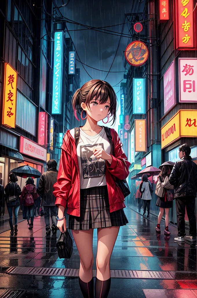 A captivating scene unfolds in a bustling, neon-lit urban street, possibly set in a futuristic or modern Asian city like Tokyo. The atmosphere is vibrant yet moody, as rain lightly falls, creating reflections on the wet pavement that mirrors the dazzling lights of the surrounding shops and signs. The young woman in the foreground is the focal point. She has a thoughtful, slightly melancholic expression, suggesting a reflective or introspective moment.Her attire is casual yet stylish, featuring an oversized, patterned shirt with rolled-up sleeves and a short skirt. The patterns on her shirt are abstract, with bold colors and shapes that contrast against the cool-toned environment. A red backpack is slung over her shoulder, adding a pop of color and implying that she's on a journey or returning from one. Her short, brown hair is slightly damp from the rain, and she wears small hoop earrings and a bracelet, adding subtle touches of personality to her appearance.Behind her, the street is alive with activity. The out-of-focus crowd and vehicles suggest a busy, vibrant nightlife. Neon signs in various languages illuminate the scene, casting a mix of cool and warm tones across the frame, creating a dynamic contrast between the city's energy and the girl's calm demeanor. The overall mood of the image is a blend of solitude and connection, as the girl seems lost in her own world amidst the lively urban setting.