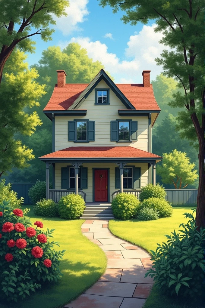 A painting with a two-story house and the shadow of a gardener