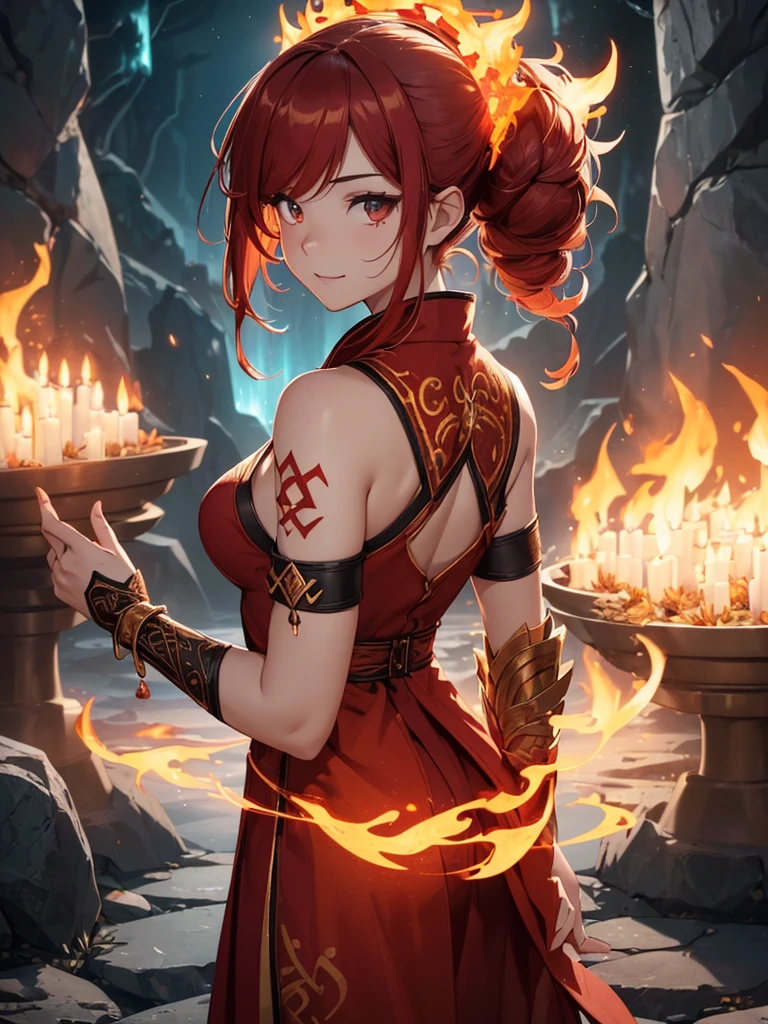 (((best quality, sharp image, clear image, cinematic lighting, 8k resolution, masterpiece, ultra detailed, intricate))) Girl, (((looking over shoulder))), shot from behind, ((half shot)), fire mage, cute, fiery red hair, pigtails in hair, (intricate dress), (white dress), ribbons in hair, smiling, fiery red, ((intricate Portal background)), ((fire magic)), candles, ((glowing runes on skin)), (flame patterns), ((fiery lotus flowers)), busy background., ((fire sigils)), (rock formations), Exploding rock, lavafalls, gauntlets, ((Red rubies)), busy background.